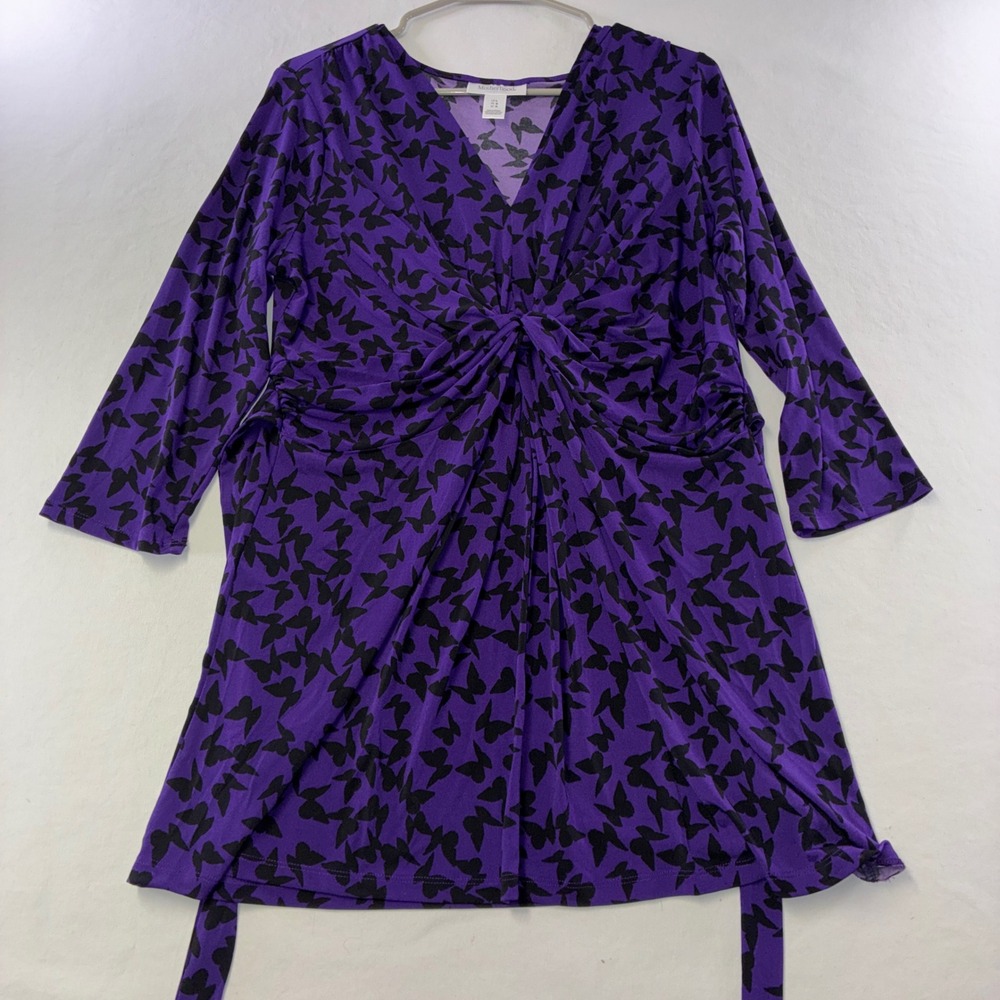 554 Whimsical Motherhood Maternity Tunic Top Large Purple Butterfly Twist Front